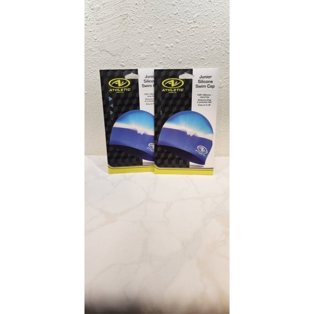 Athletic Works, Lot of 2, Junior Size Blue And White Silicone‎ Swim Cap New